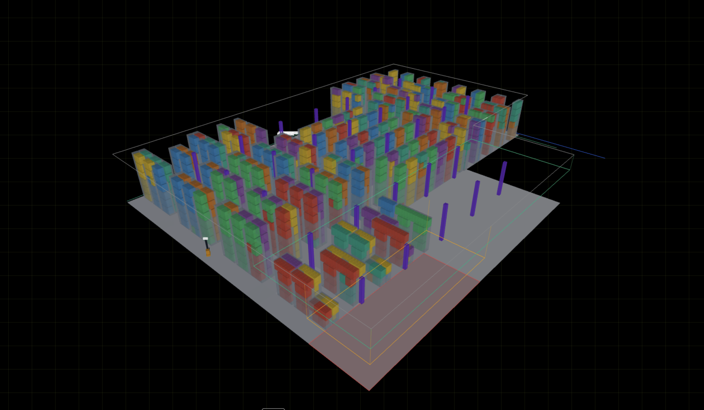 A WhereHowSpace 3D warehouse layout showing storage positions and aisles